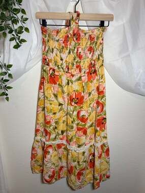 Luxology Floral Halter Smocked Bodice Midi Dress Lace Boho Spring Kentucky Derby